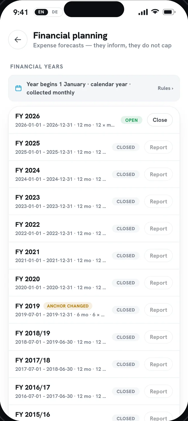 Mobile list of financial years for the building